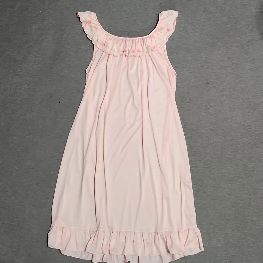 Vintage Ruffle Satin Floral Embroidered Lingerie Chemise Nightgown Slip Dress - Picture 5 of 10